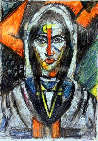 a painting of a woman 
arth2o-2023-religious-woman-from-the-future-A2-size.jpg Ethereal Reverence: Visions from Tomorrow's Faith