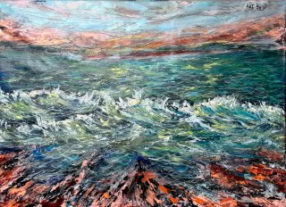 a painting of waves crashing on the shore 
arth2o-seashore-art-90x65-2023-c.jpg Old Head Vista, Green Waves and Cliffs