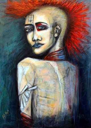 a painting of a woman with a red mohawk 
arth2o-yakuzza-punk-girl-65x90cm-acryllic-painting-a.jpg Fragile Gaze of Yakuza Punk