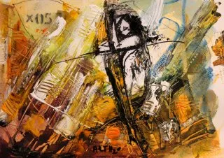 a painting of a person holding a cross 
A vivid representation of human emotion Dynamic Artistic Expression