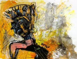 a painting of a woman 
An expressive exploration of identity and emotion Vibrant Abstract Portrait Art