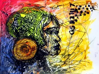a painting of a woman with a flower 
An exploration of emotion through vibrant colors Colorful Abstract Portrait