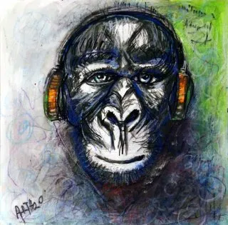 a gorilla wearing headphones 
arth2o-monkey-with-headset-40x40cm-01.webp An Ape in the Virtual Jungle