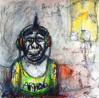 a drawing of a monkey wearing headphones 
arth2o-punk-monkey-with-headset-40x40cm-01.jpg A Punk Monkey's Melody in Mixed Media