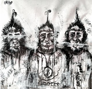 a drawing of three monkeys 
Primate Portrayal, A Charcoal Drawing of a Trio of Monkeys From Halving to Moon, A Crypto Triptych
