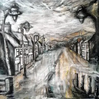 a drawing of a street 
arth2o-2024-Louisburgh-Main-Street-60x60cm-00.webp Louisburgh Luminance, A Glimpse of Irish Charm