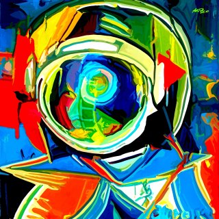 A colorful representation of an astronaut in space Vibrant Astronaut Artwork