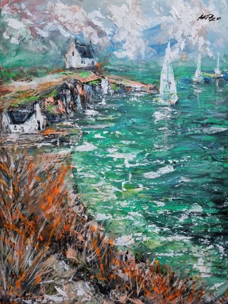 A vibrant depiction of a tranquil seaside scene Serene Coastal Landscape